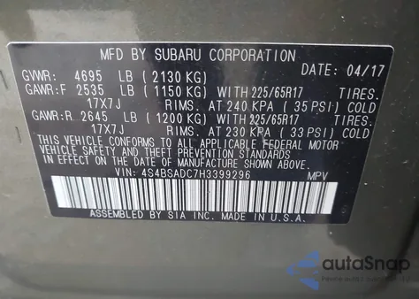 2017 Subaru Outback 2.5I Premium from USA, damaged, VIN 4S4BSADC7H3399296